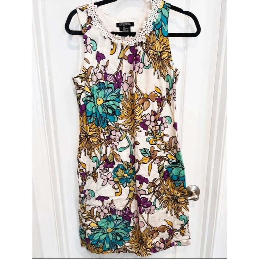 Etcetera Women’s Size 6 Floral Cotton Sheath Dress Sleeveless Lace Neckline